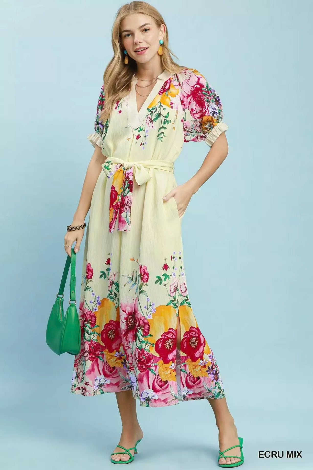 Umgee Mix Floral Border Print Midi Dress