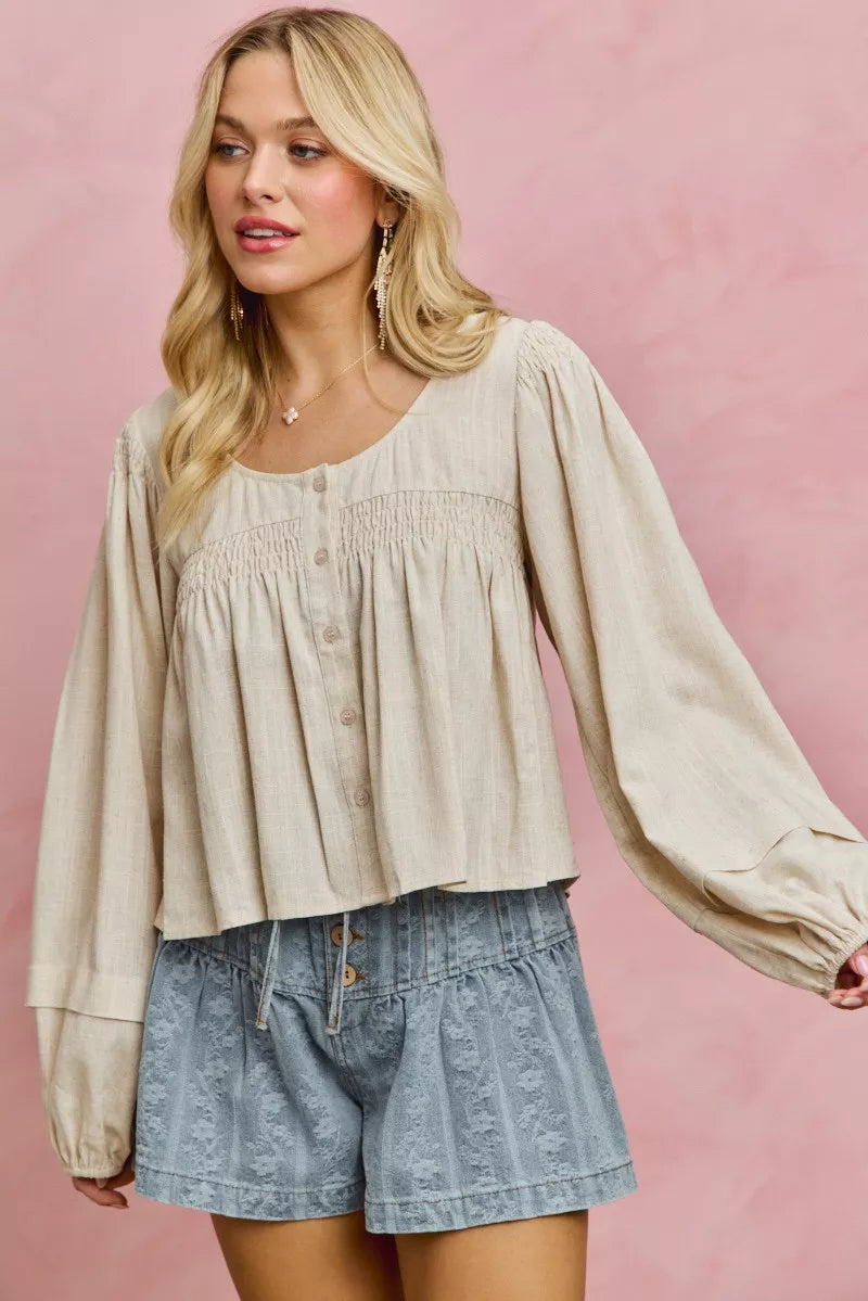 SO ME Linen Blend Woven Long Sleeve With Smocking Top