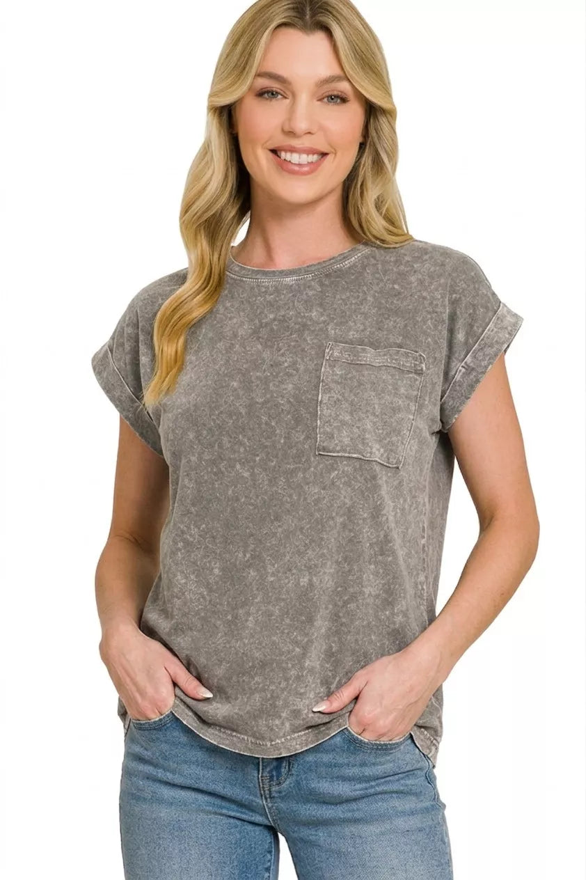 Zenana Halo Snow Washed Cuffed Short Sleeve Tee