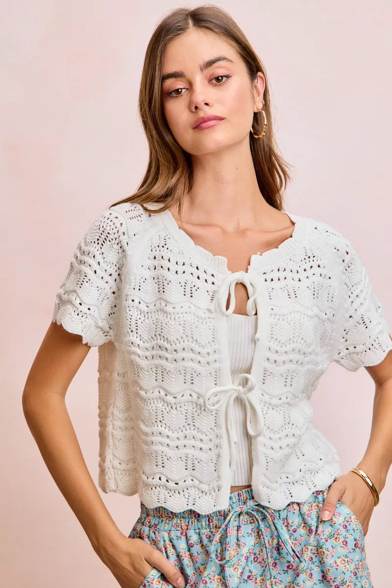 BiBi Front Bow Tie Detail Pointelle Knit Top
