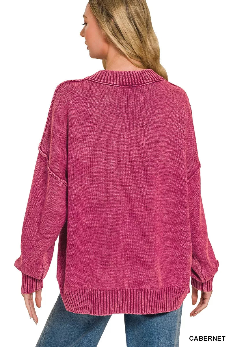 Zenana Washed Deep V-neck Oversized Sweater