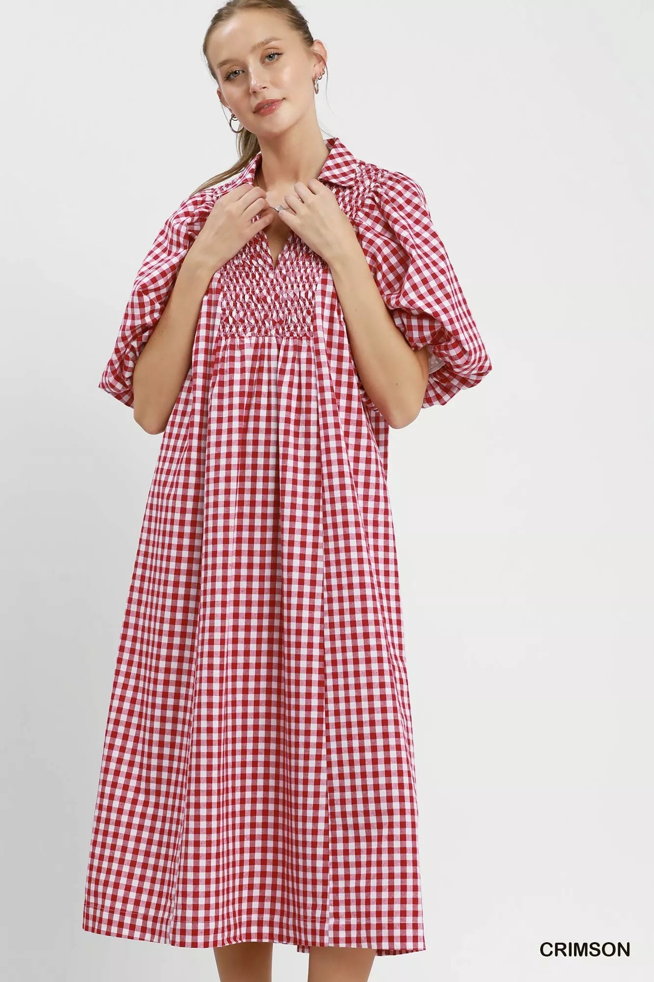 Umgee Puff Sleeve Plaid Midi Dress