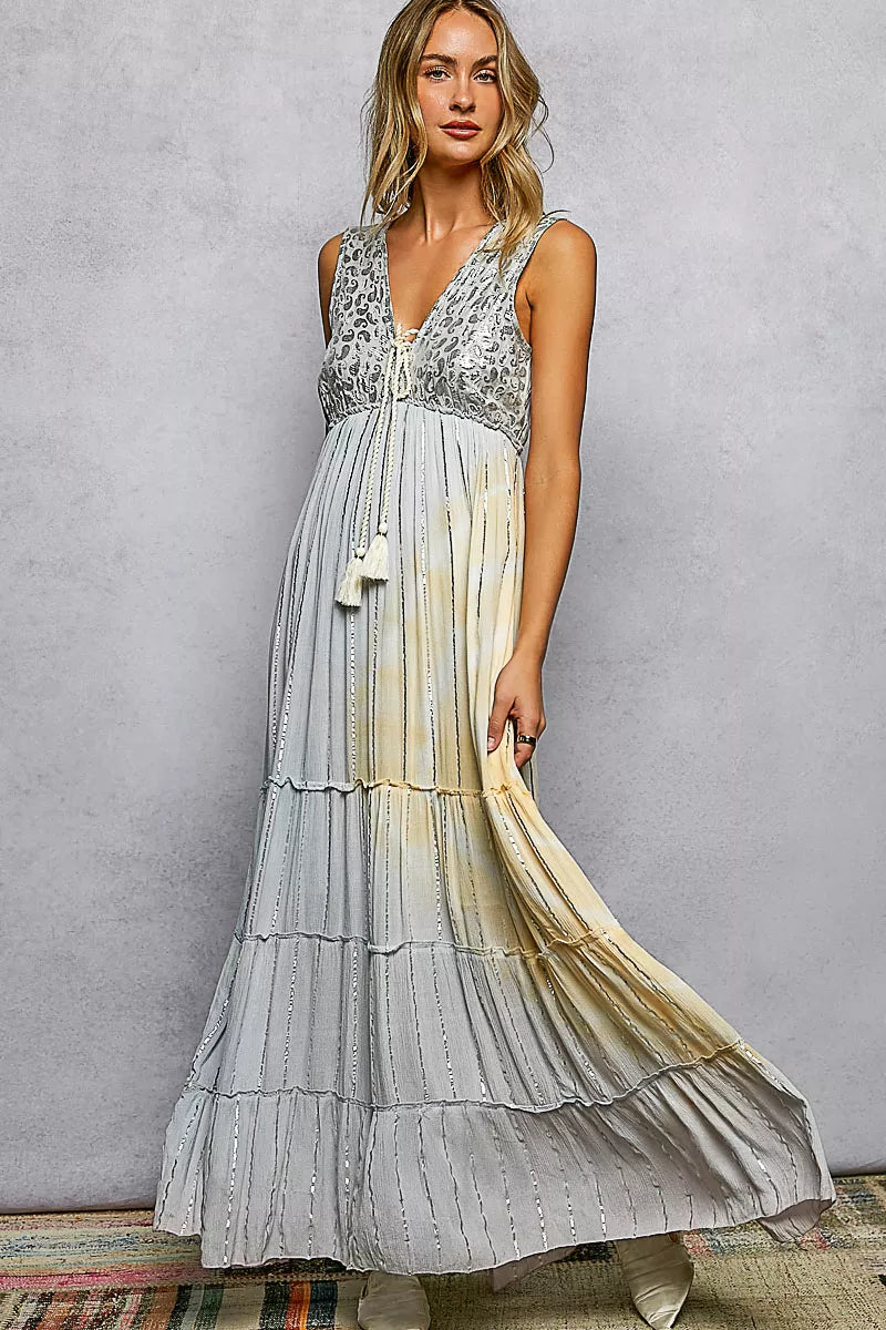 POL Deep V Sleeveless Cotton Bohemian Tiered Maxi Dress