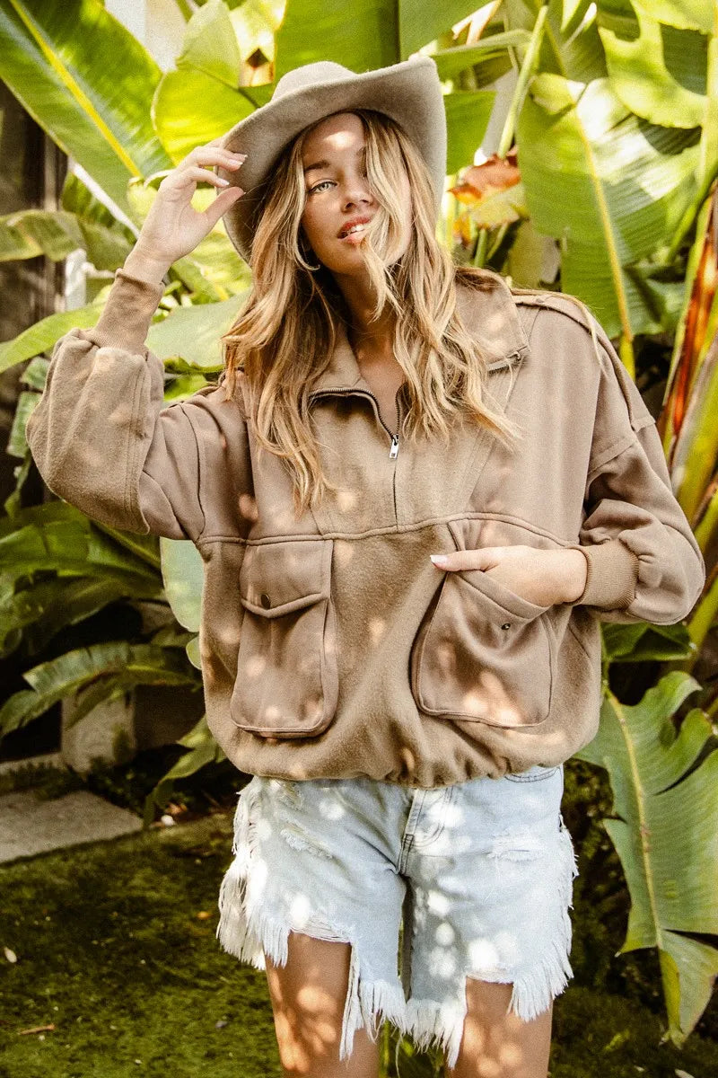 BiBi Half Zip Vintage Washed Fleece Pullover