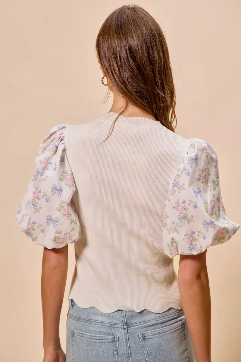 SO ME Floral Cotton Contrast Sleeves Scallop Sweater Top