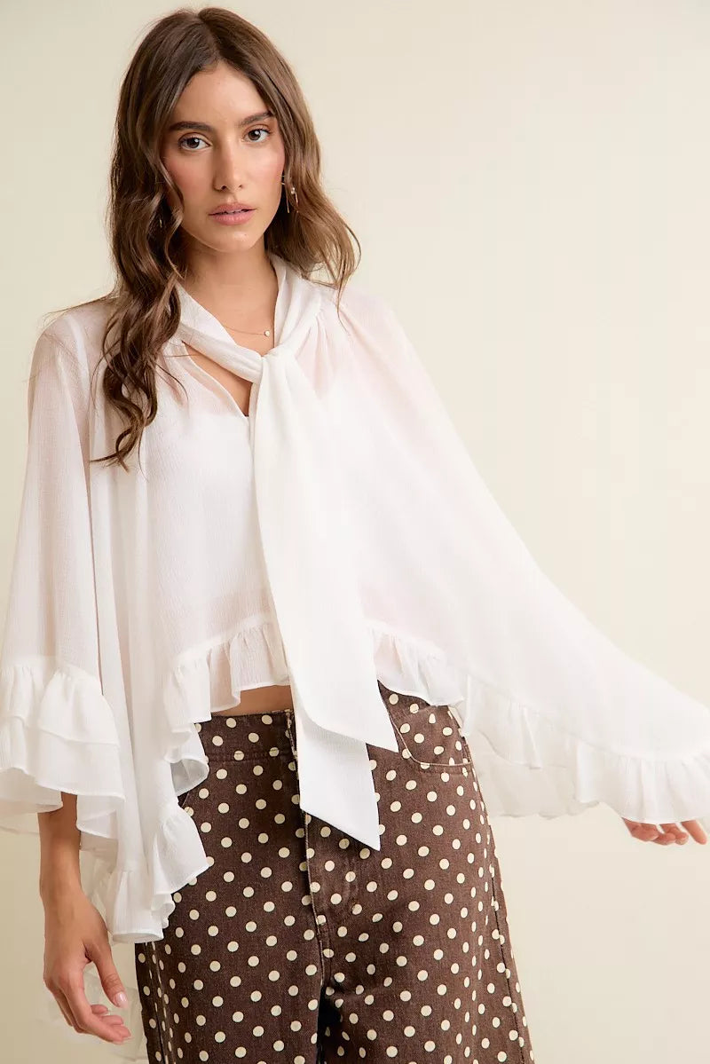 SO ME Sheer Ruffle Bell Sleeves Bow Tie Flowy Blouse Top