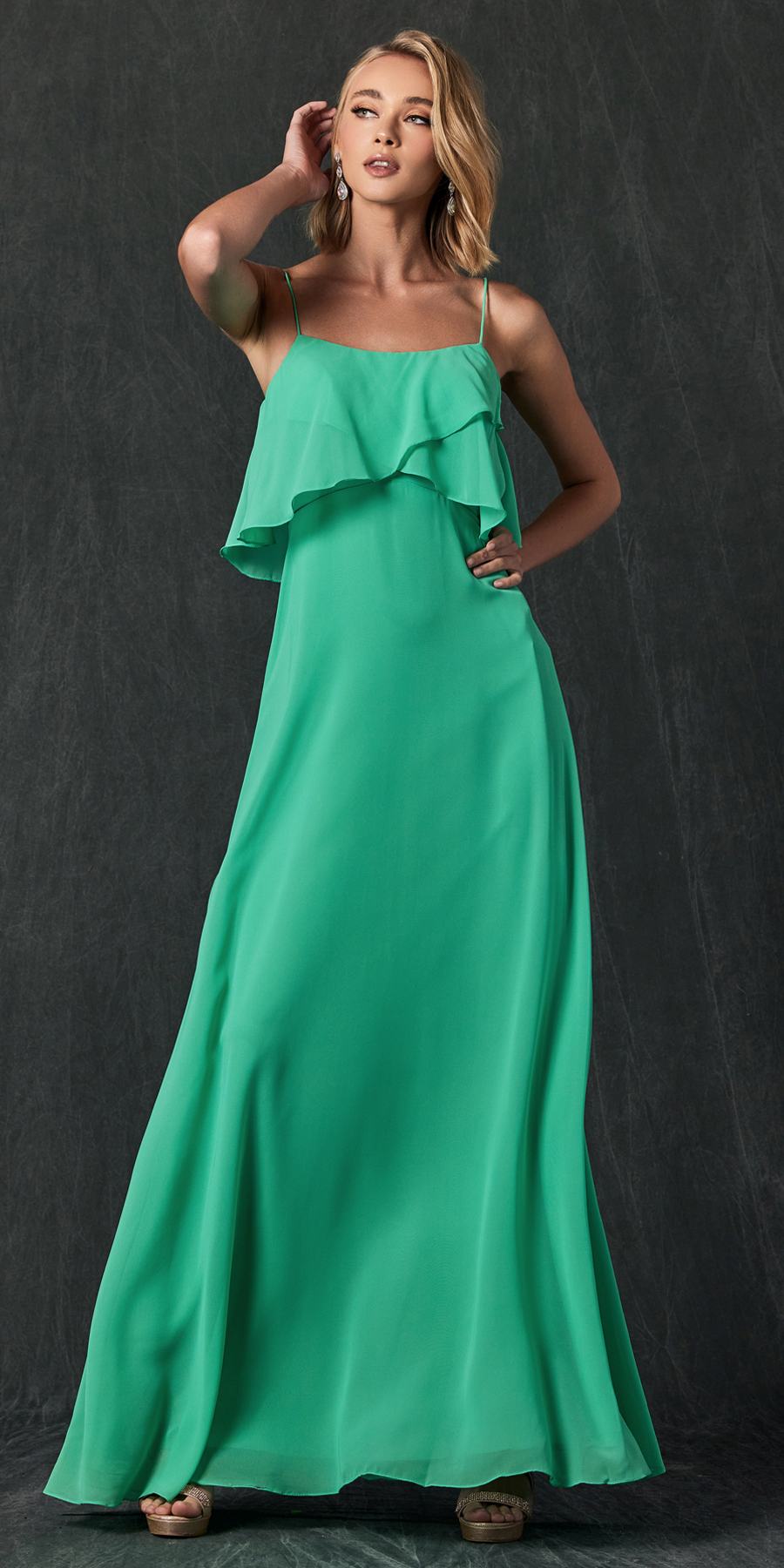 Juliet 591 Long Bridesmaid Dress Ruffled Bodice