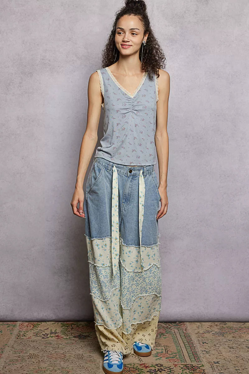 POL Ruched Floral V-Neck Tank with Lace Detail