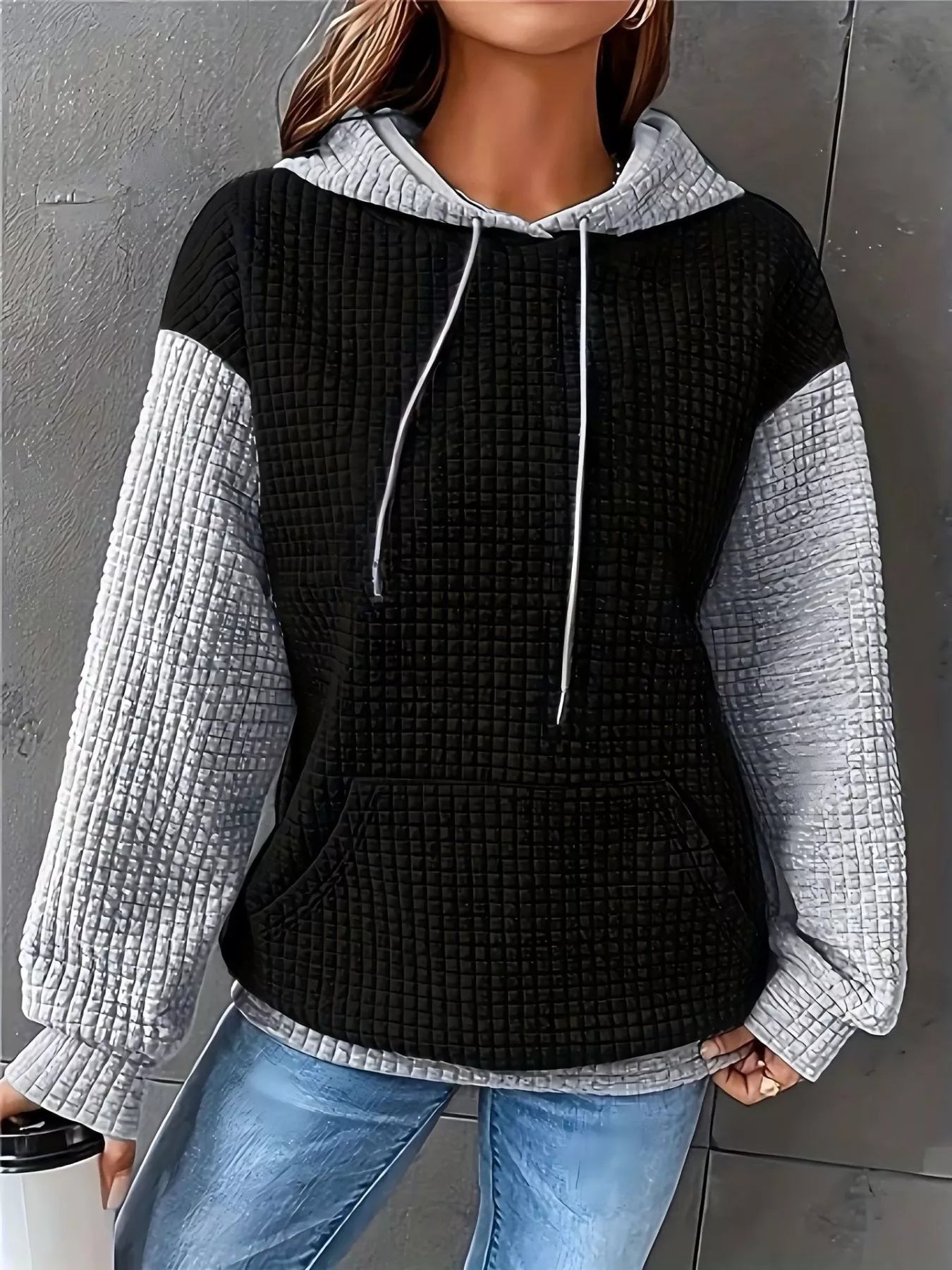 Full Size Textured Kangaroo Pocket Hoodie Plus Size