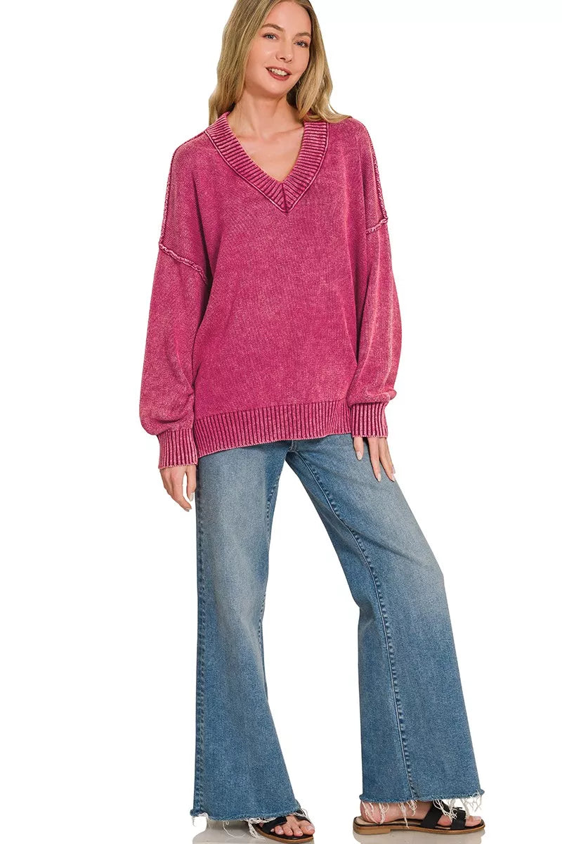 Zenana Washed Deep V-neck Oversized Sweater