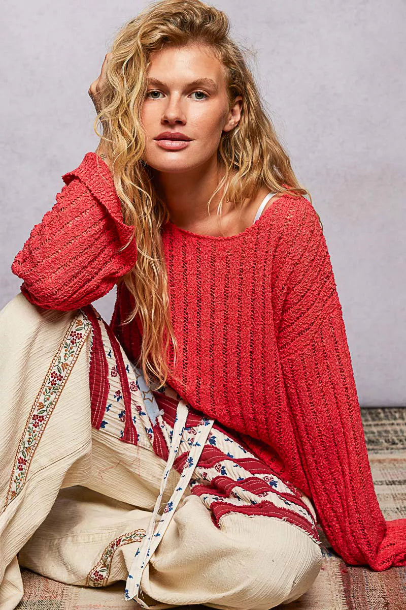 POL Round Neck Long Sleeve Open Weave Sweater