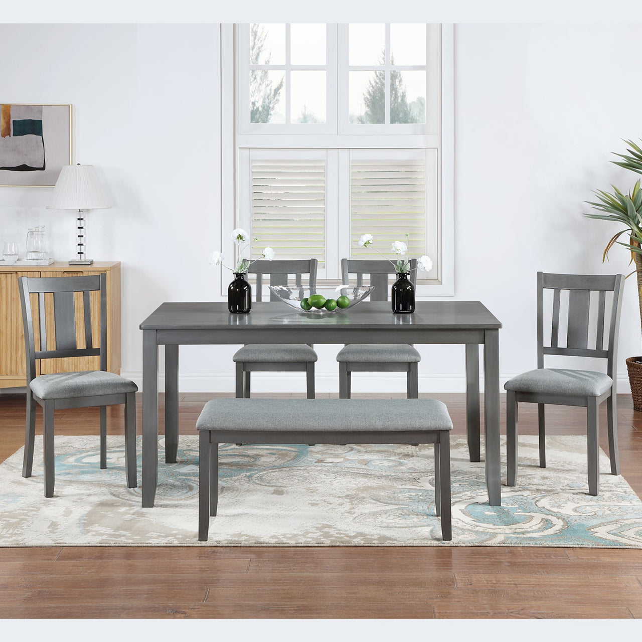 6PCs Kitchen Dining Set, Rectangular Wooden Dining Table with 4 Upholstered Chairs and a Bench, Dining Table Set for 6 People, Living Room, Home Bar and Kitchen, Gray