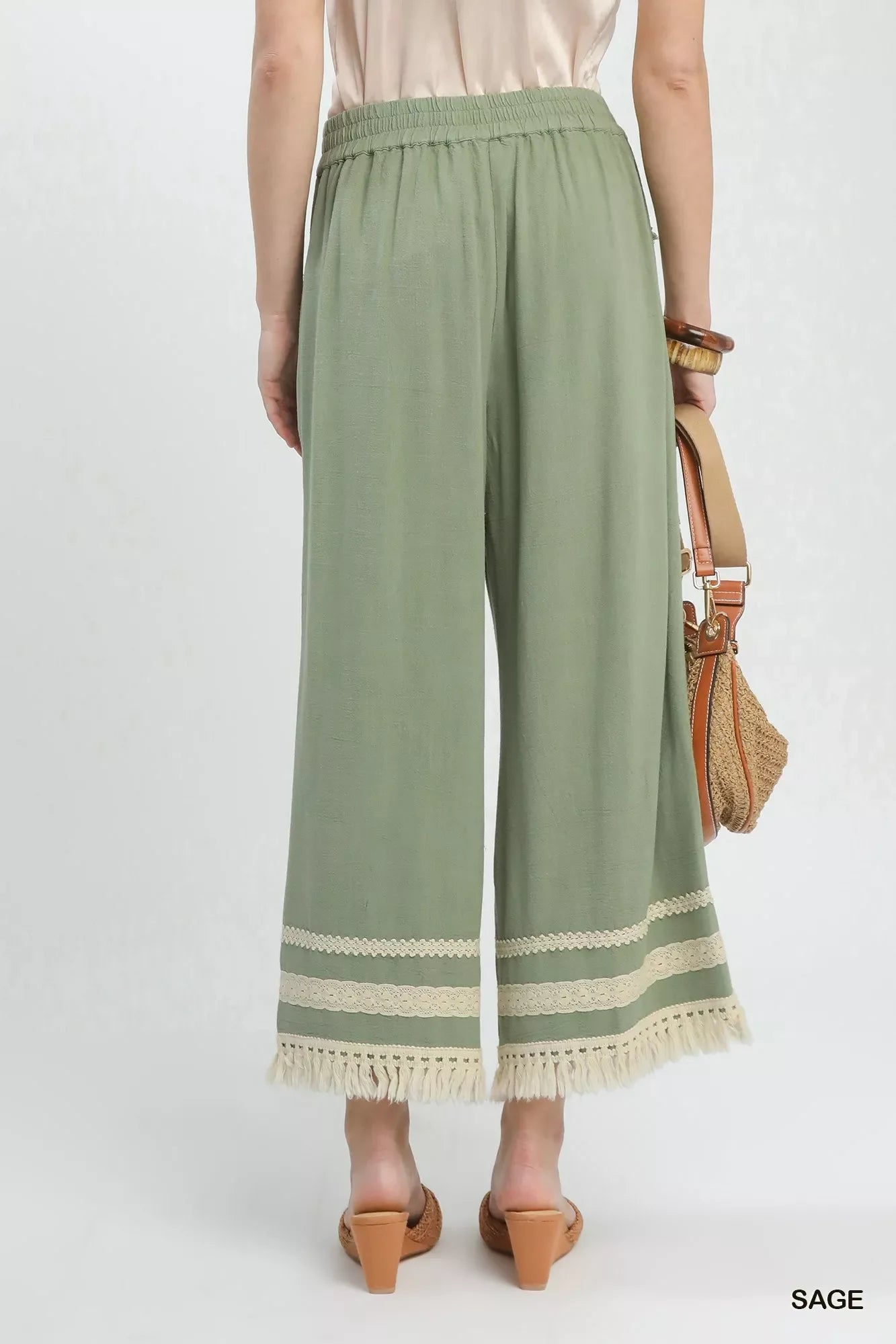 Umgee Lace Trim Fringe Hem Wide Leg Pants