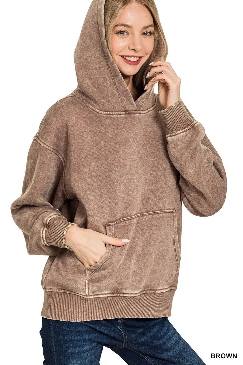 Zenana Fleece Acid Wash Kangaroo Pocket Hoodie