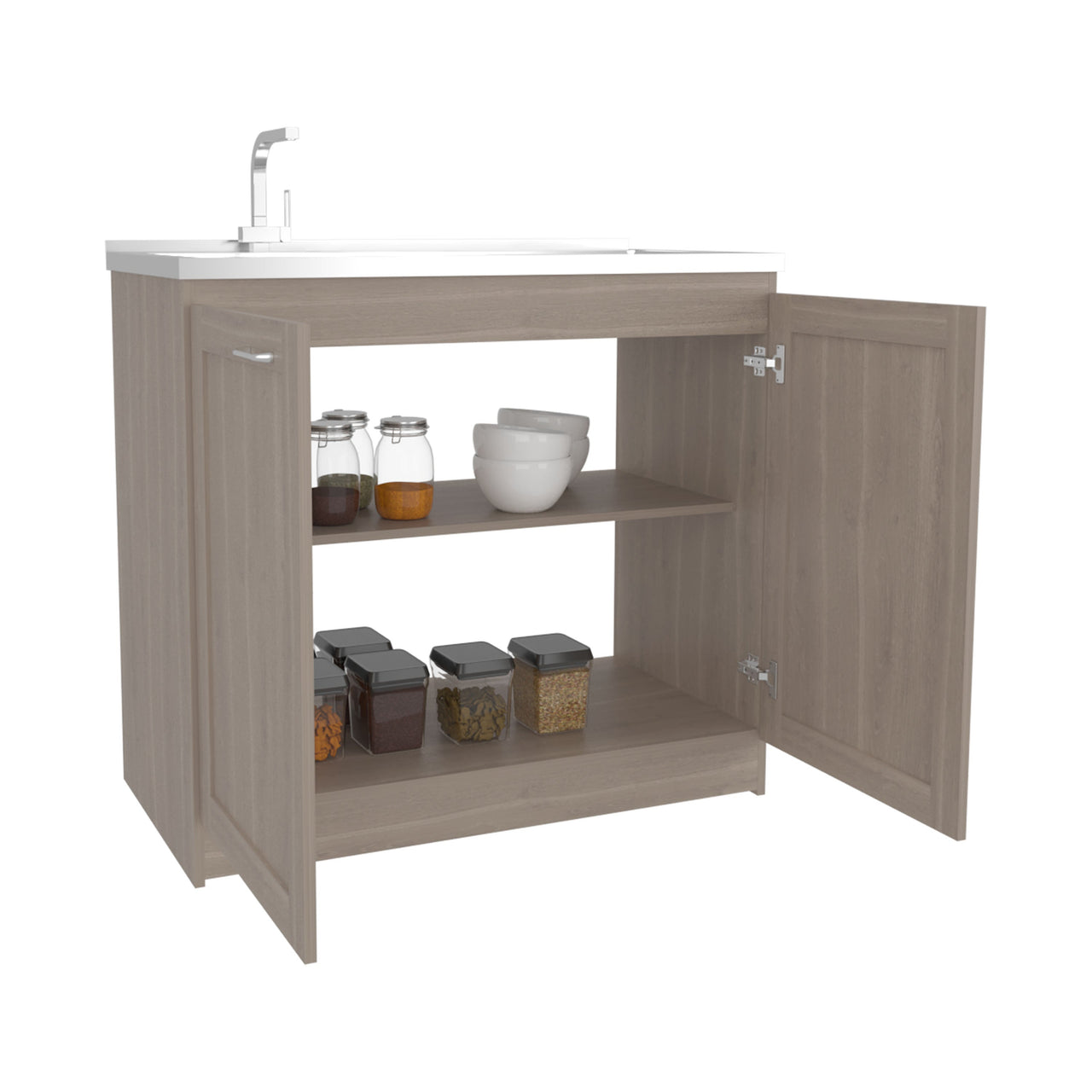 Zurich 39' Wide Utility Sink, Base Cabinet Two-Door Cabinet With Two Shelves, Stainless Steel Sink, Laundry Room, Garage Sink, Light Gray