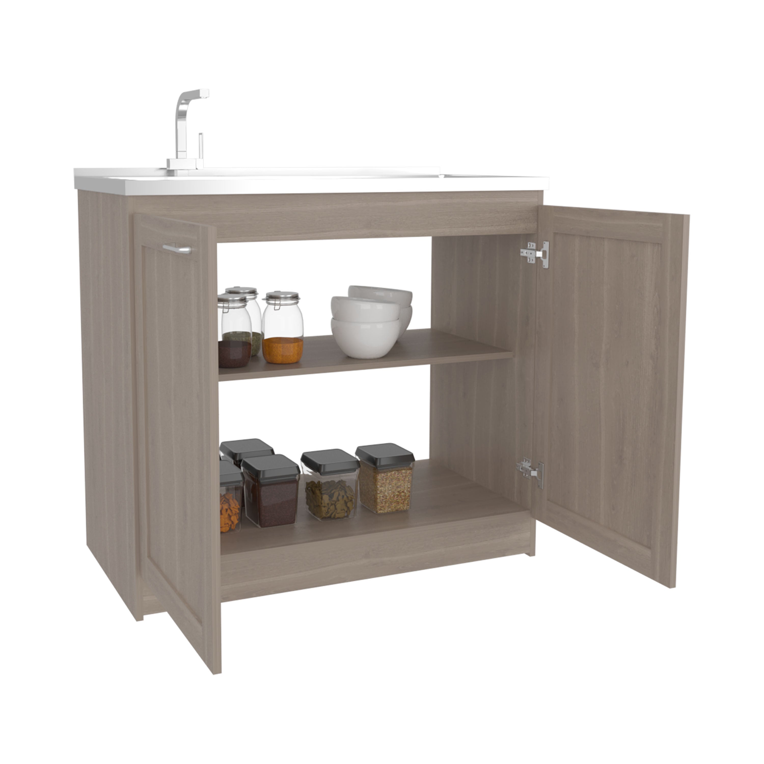 Zurich 39' Wide Utility Sink, Base Cabinet Two-Door Cabinet With Two Shelves, Stainless Steel Sink, Laundry Room, Garage Sink, Light Gray