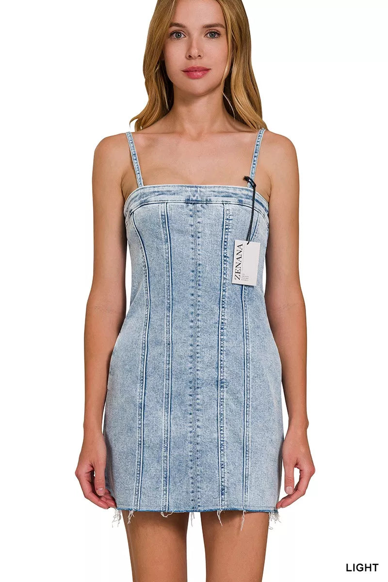 Zenana Spaghetti Strap Exposed Seam Light-Wash Dress