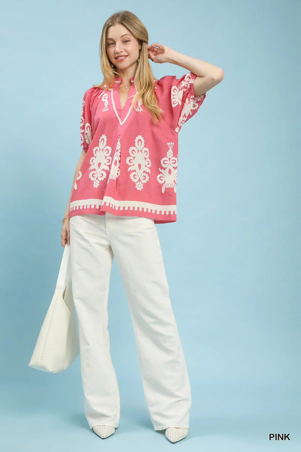 Umgee Boho Print Split-Neck Short Sleeve Top