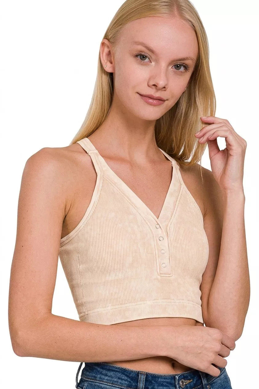 Zenana Washed Ribbed Seamless Button V-neck Tank Top