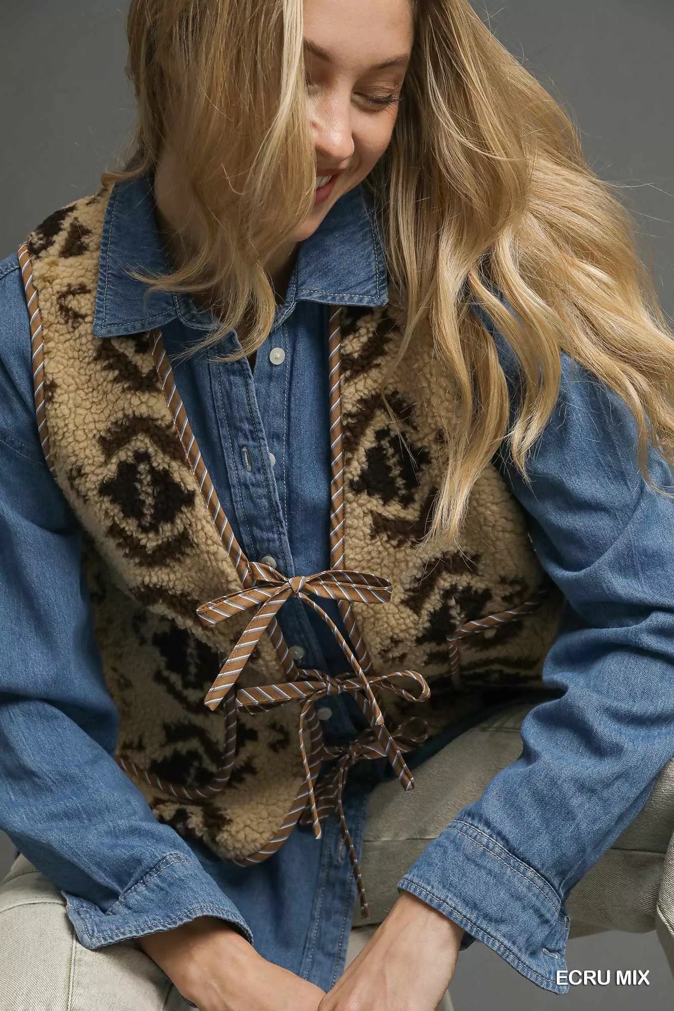 Umgee Mix Patterned Sherpa Tie-Front Vest