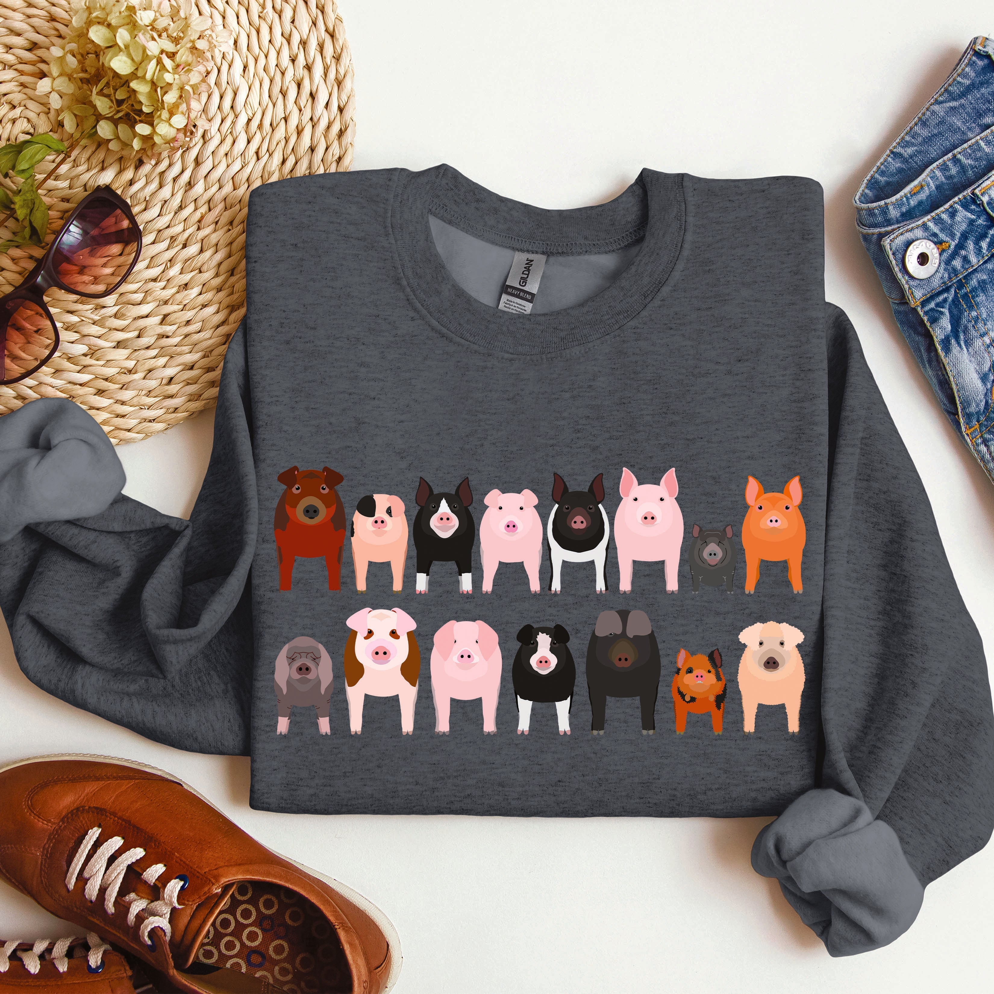 Pig Breeds Farm Animal Lover Illustration Graphic For Pig Enthusiasts Sweatshirt