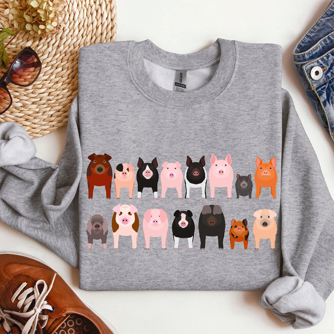 Pig Breeds Farm Animal Lover Illustration Graphic For Pig Enthusiasts Sweatshirt