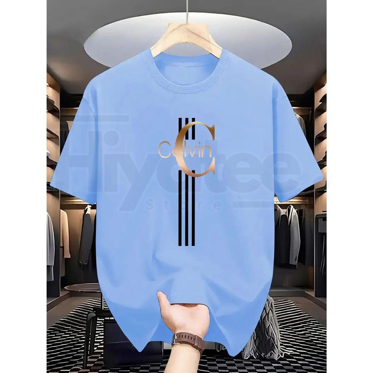 Men's Casual Calvin Print T-Shirt – Black & Gold Striped Street Style Essential