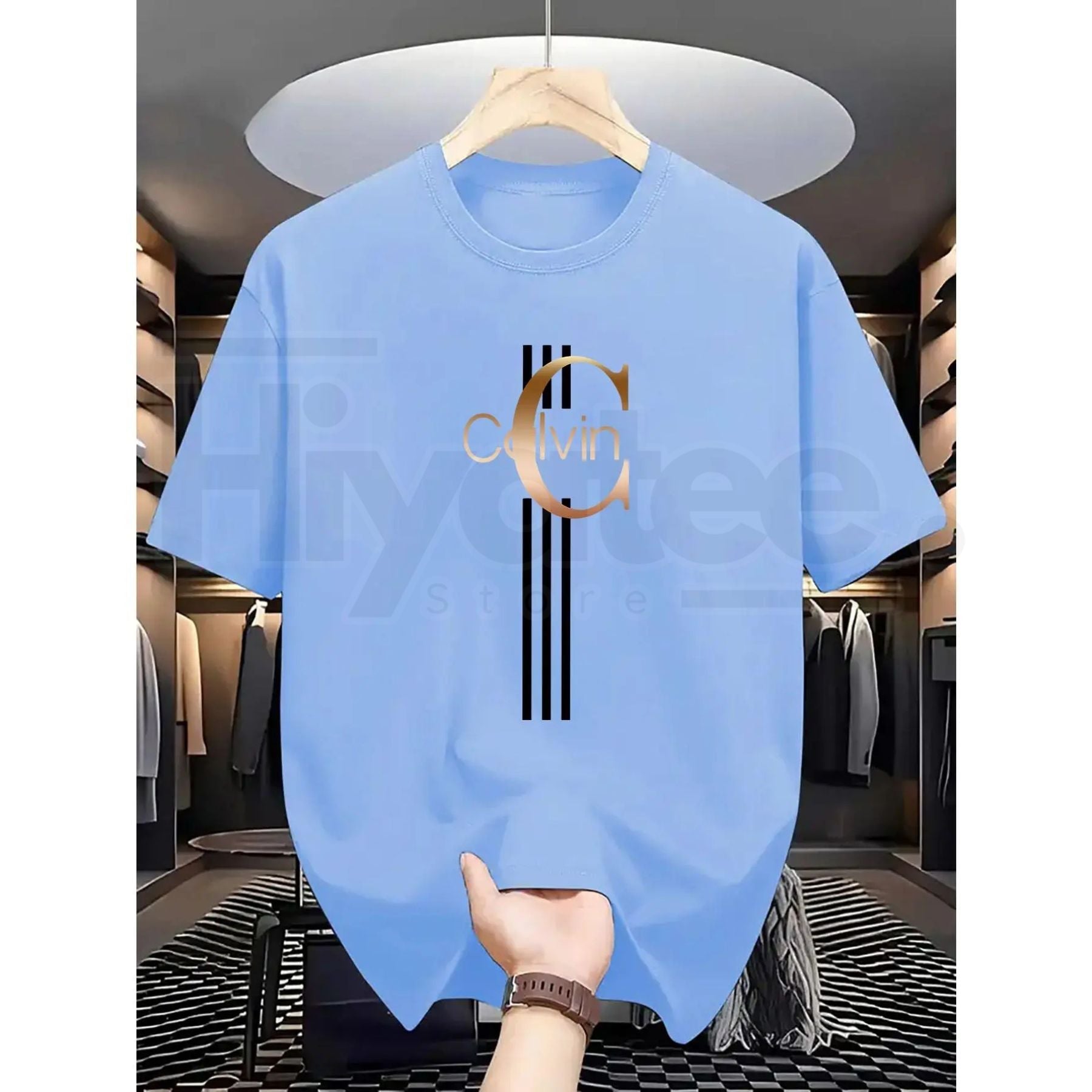 Men's Casual Calvin Print T-Shirt – Black & Gold Striped Street Style Essential