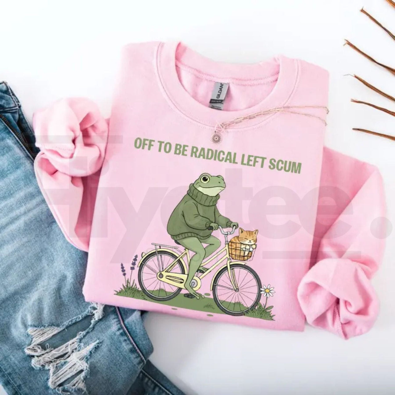Off To Be Radical Left Scum Sweatshirt: Retro Frog & Cat Bicycle Resistance Crewneck