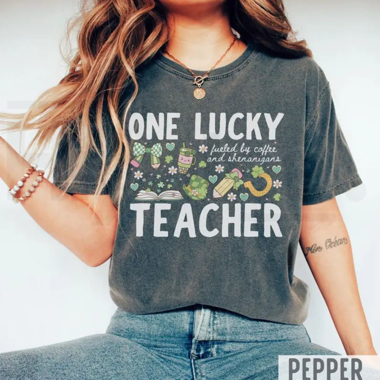 Comfort Colors® One Lucky Teacher St Patrick's T-Shirt – 'Fueled By Coffee and Shenanigans' Clover Tee