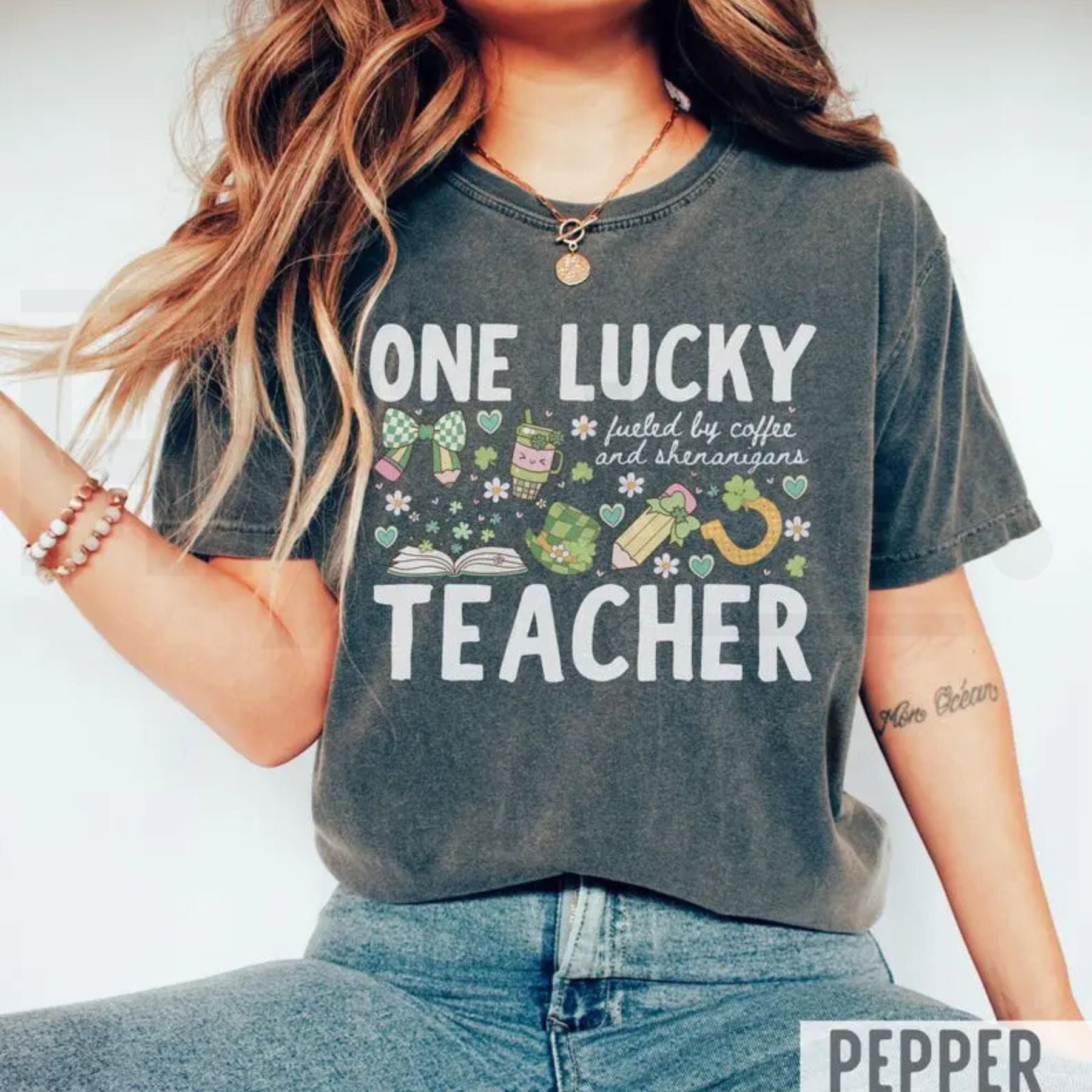 Comfort Colors® One Lucky Teacher St Patrick's T-Shirt – 'Fueled By Coffee and Shenanigans' Clover Tee