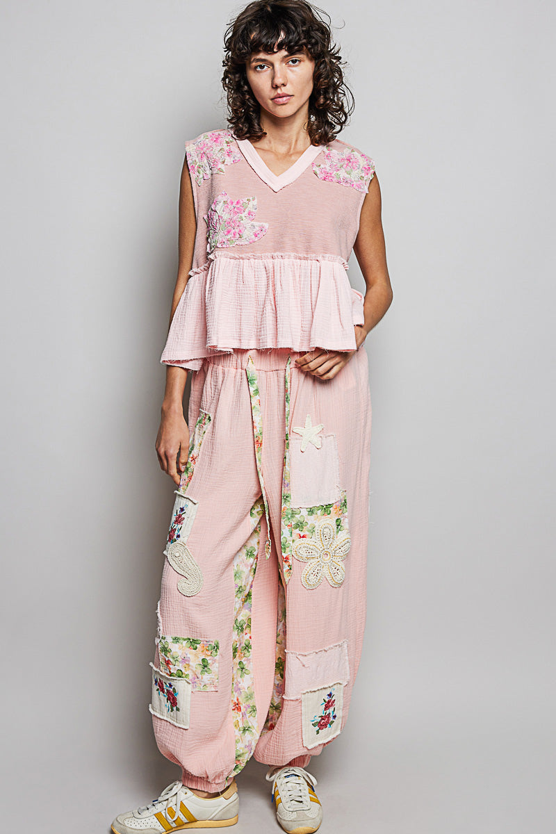 POL Floral Patch Ruffled Sleeveless Top with Raw Edge Detail