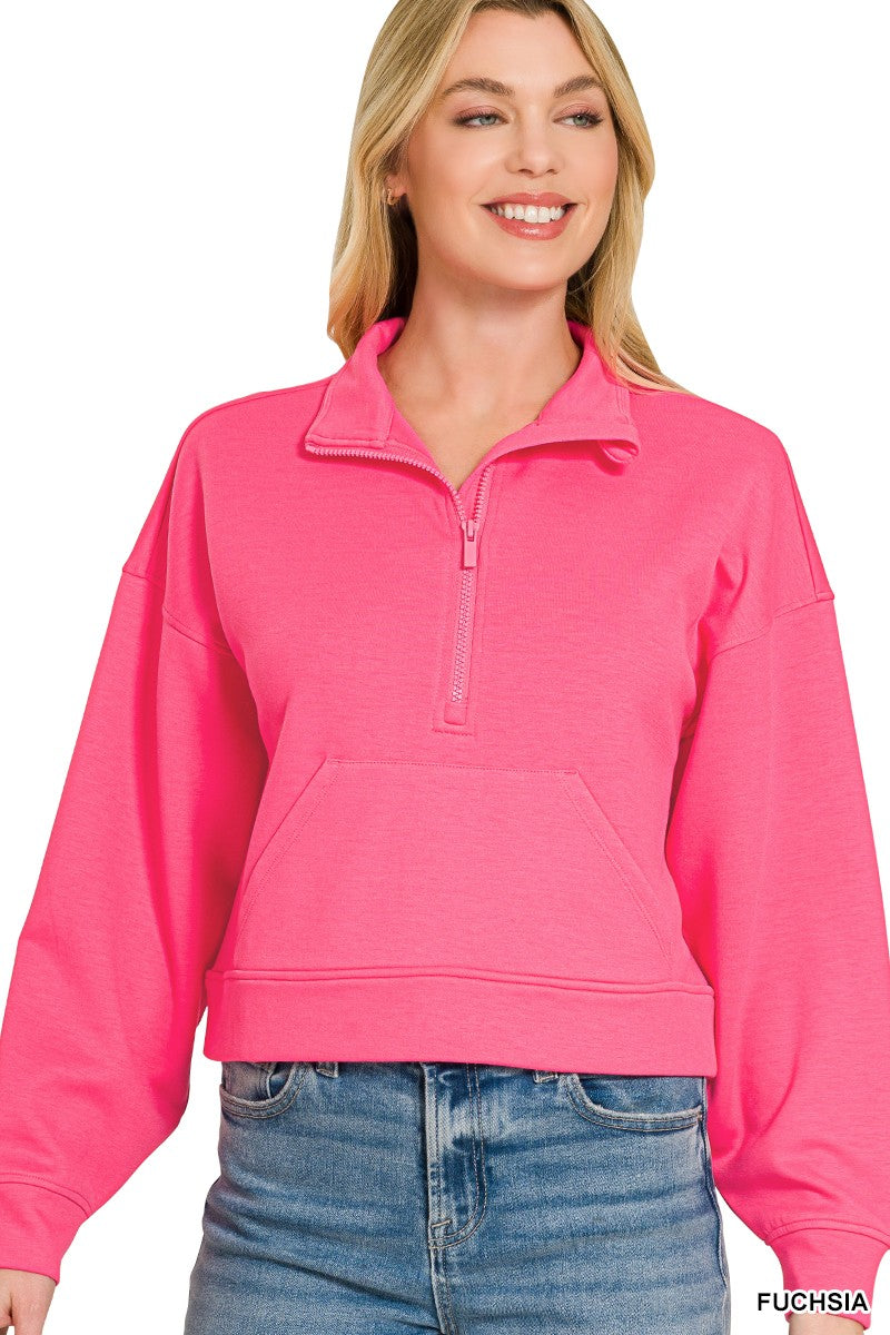 Zenana Scuba Half Zip Pullover With Kangaroo Pockets