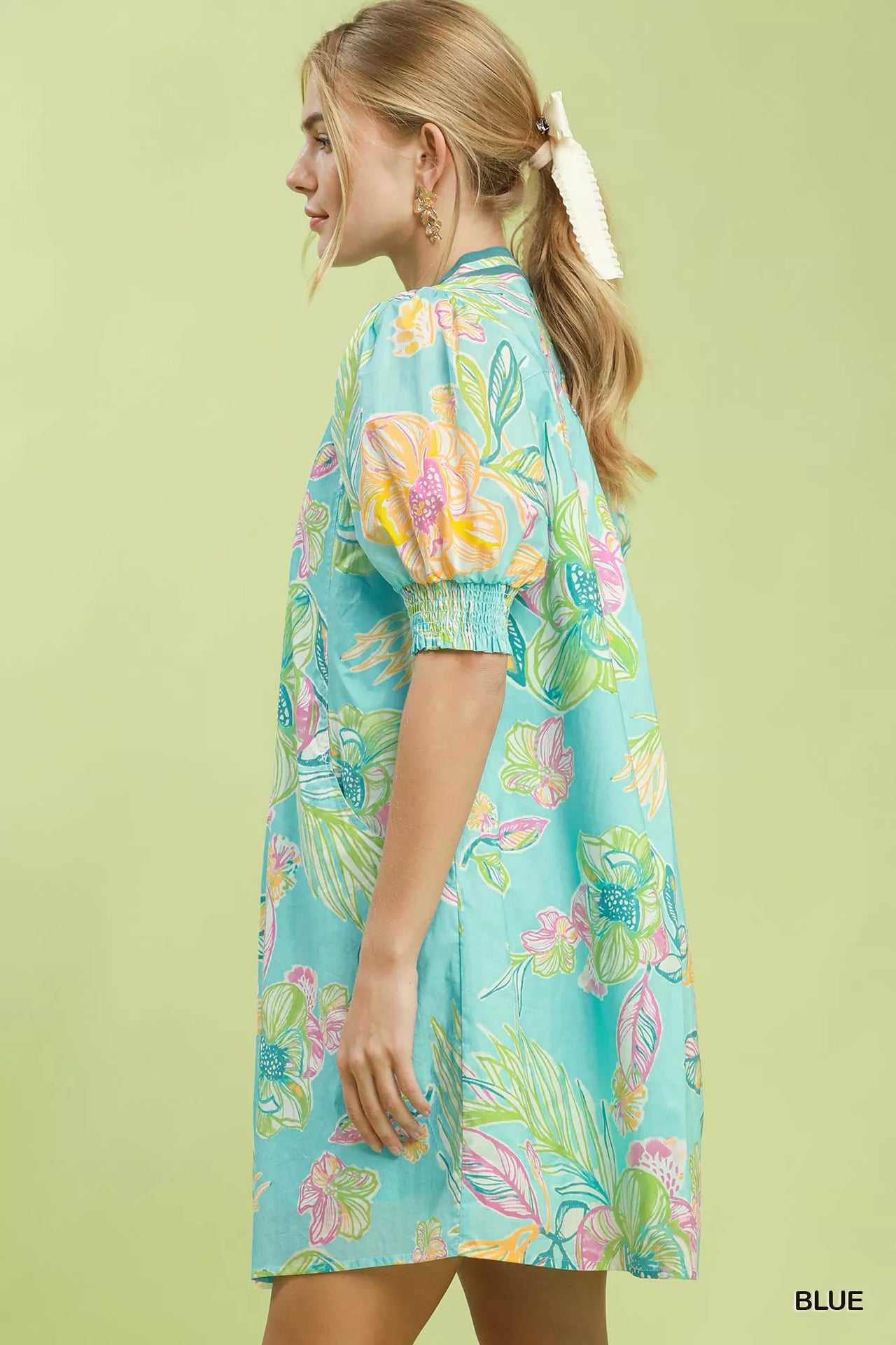 Umgee Botanical Print Dress with Smocked Cuffs