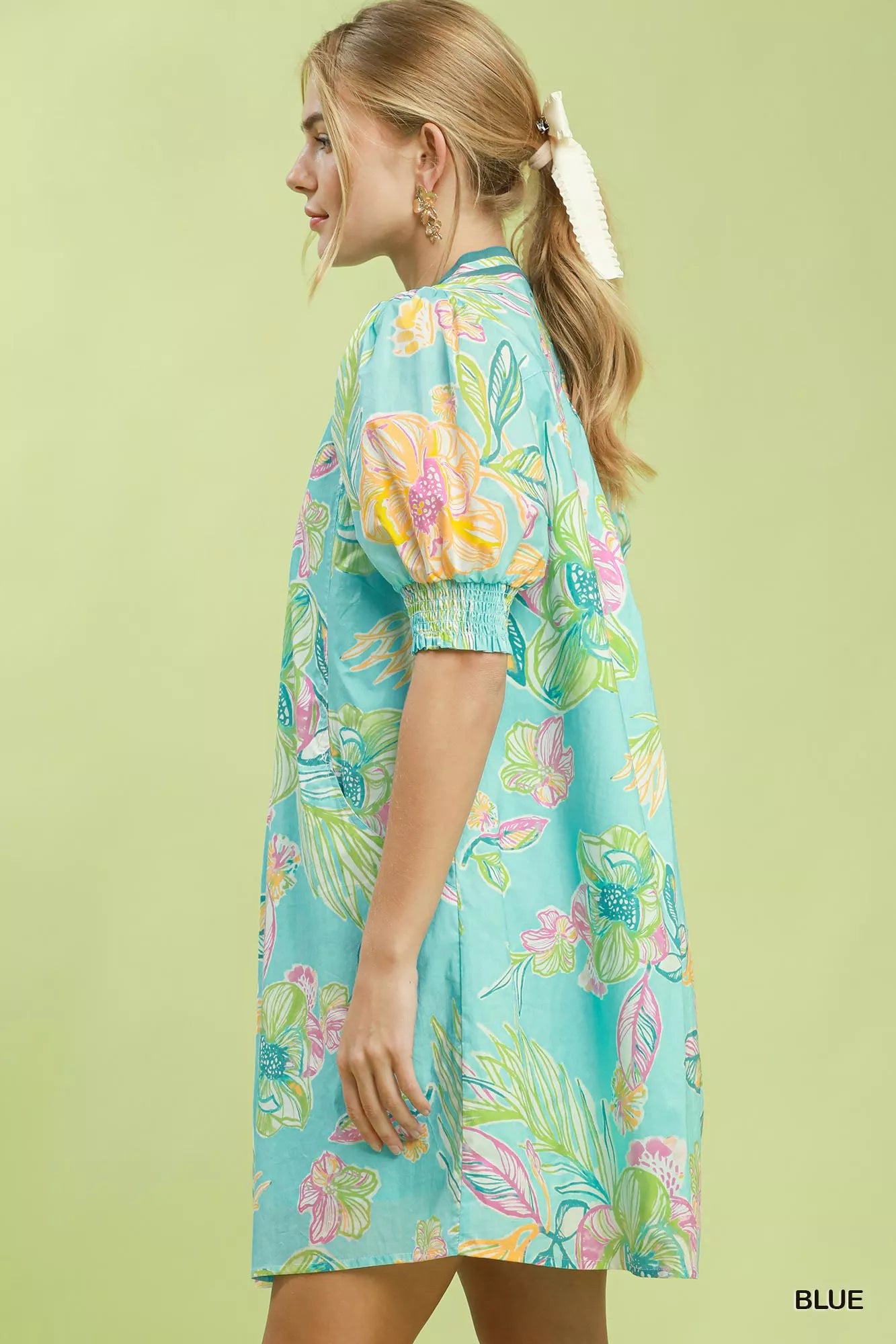 Umgee Botanical Print Dress with Smocked Cuffs