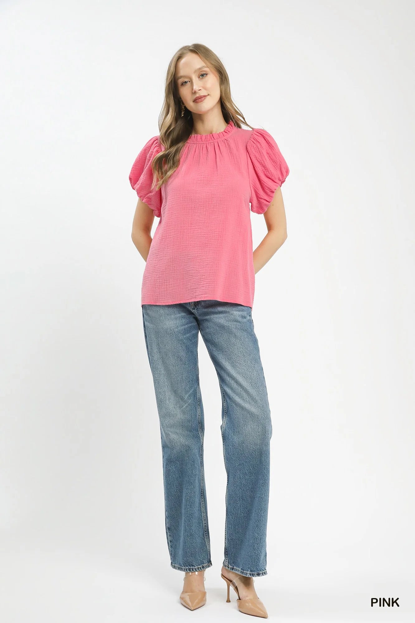 Umgee Textured Gauze Ruffle Neck Boho Top