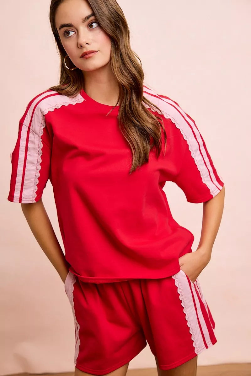 BiBi French Terry Side Lace Detail Short Sleeves Top