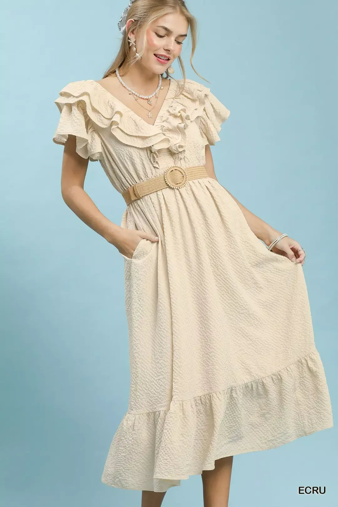Umgee Textured Ruffle Midi Dress