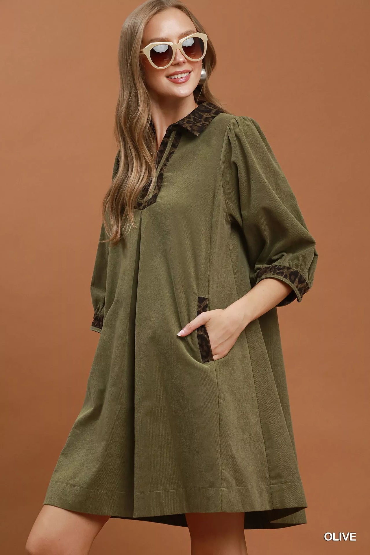 Umgee V-Neck Shift Dress with Contrast Trim