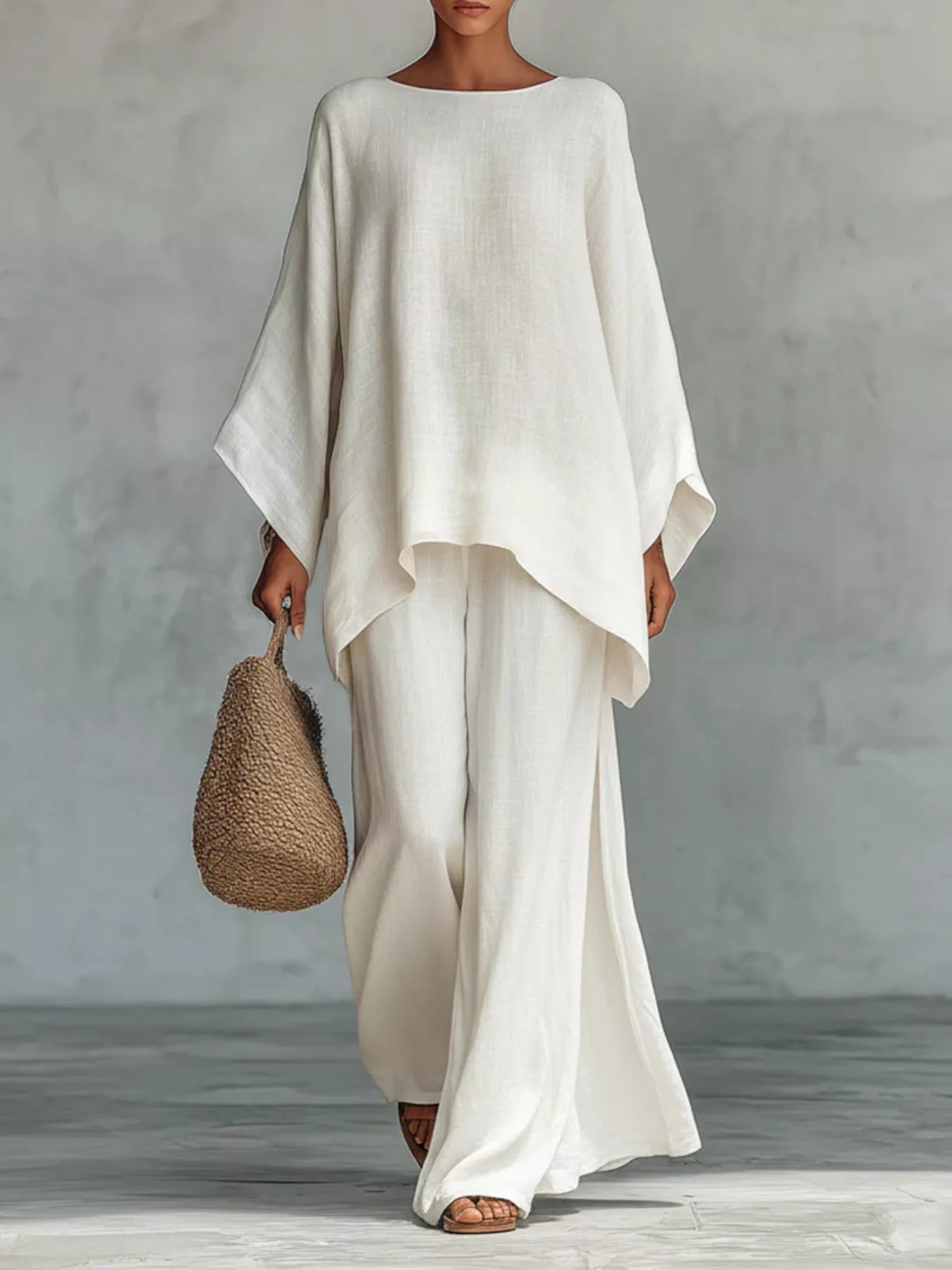 Full Size Round Neck Top and Wide Leg Pants Set Plus Size