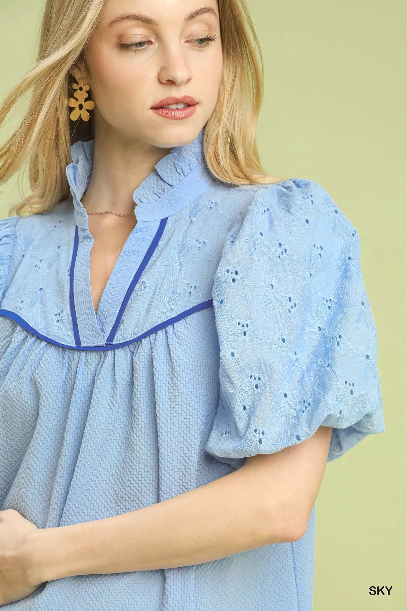 Umgee Puff Sleeve Eyelet Mix Top with Contrast Piping