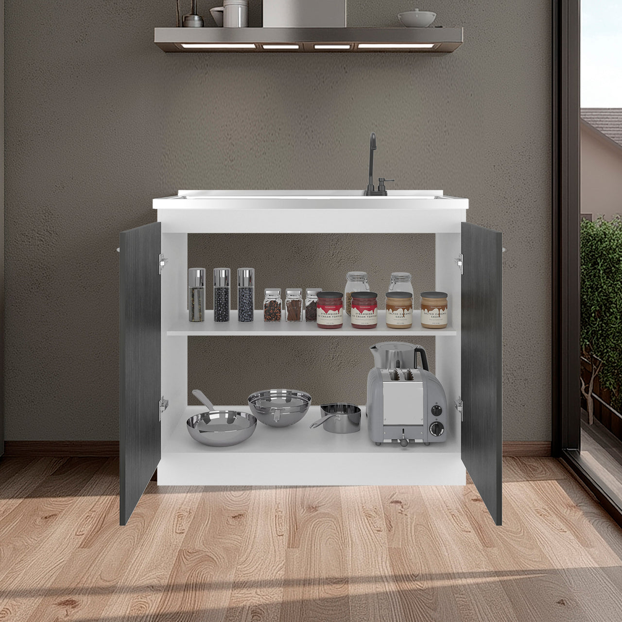 Napoles Utility Sink with Faucet Inclued and Integrated Stainless Steel Counter top, Freestanding cabinet with two doors, Metal Handles and Two interior shelves, Gray+White