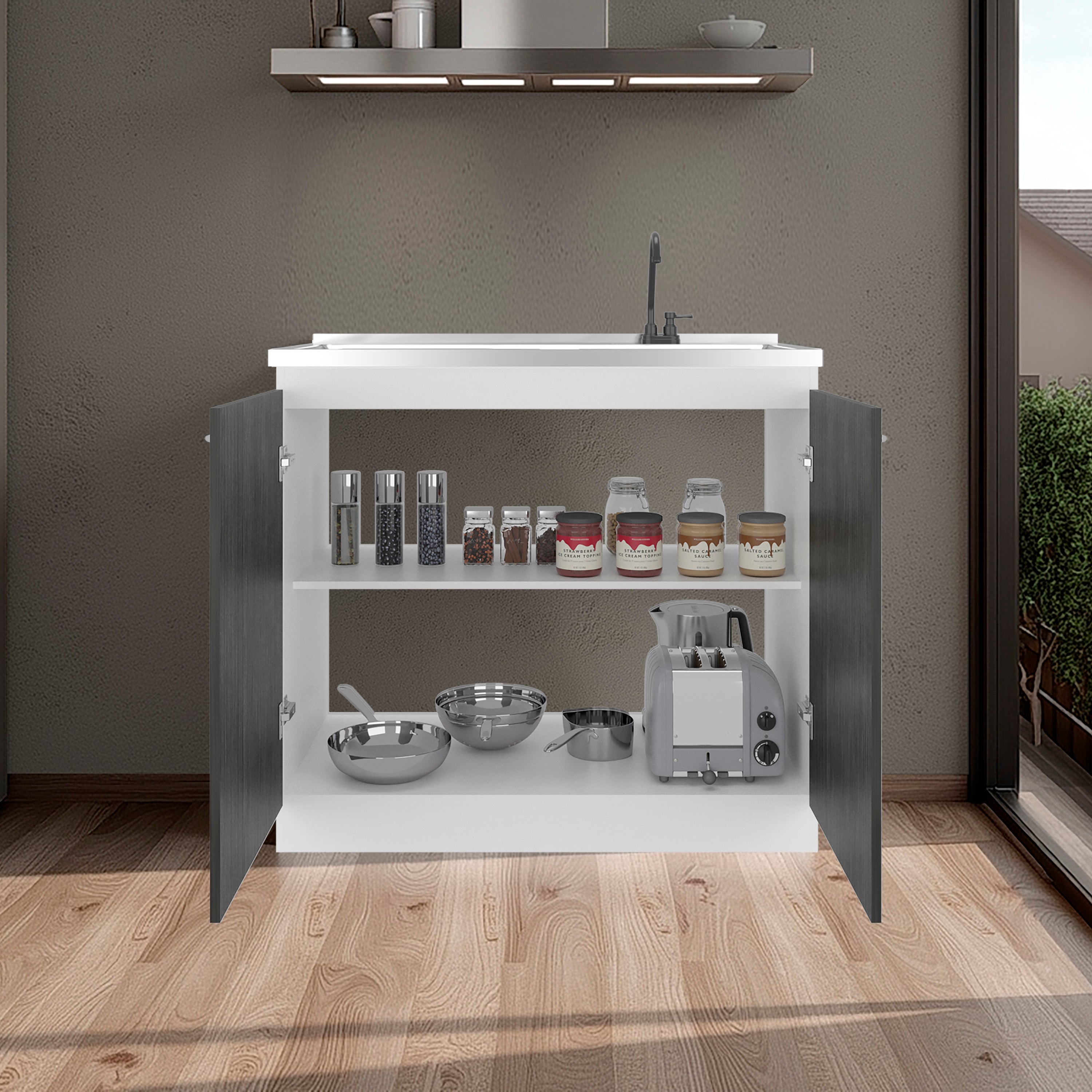 Napoles Utility Sink with Faucet Inclued and Integrated Stainless Steel Counter top, Freestanding cabinet with two doors, Metal Handles and Two interior shelves, Gray+White