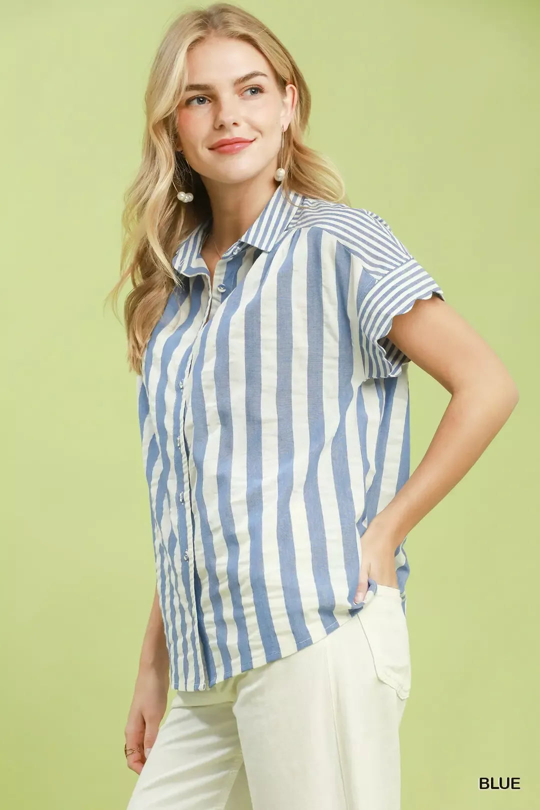 Umgee Striped Button Front Flutter Sleeve Top