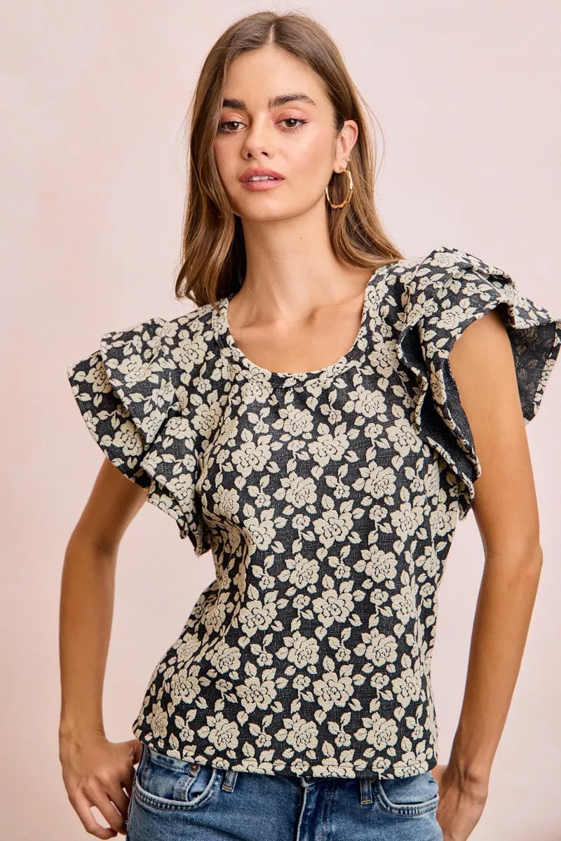 BiBi Floral Jacquard Ruffle Sleeves Knit Top