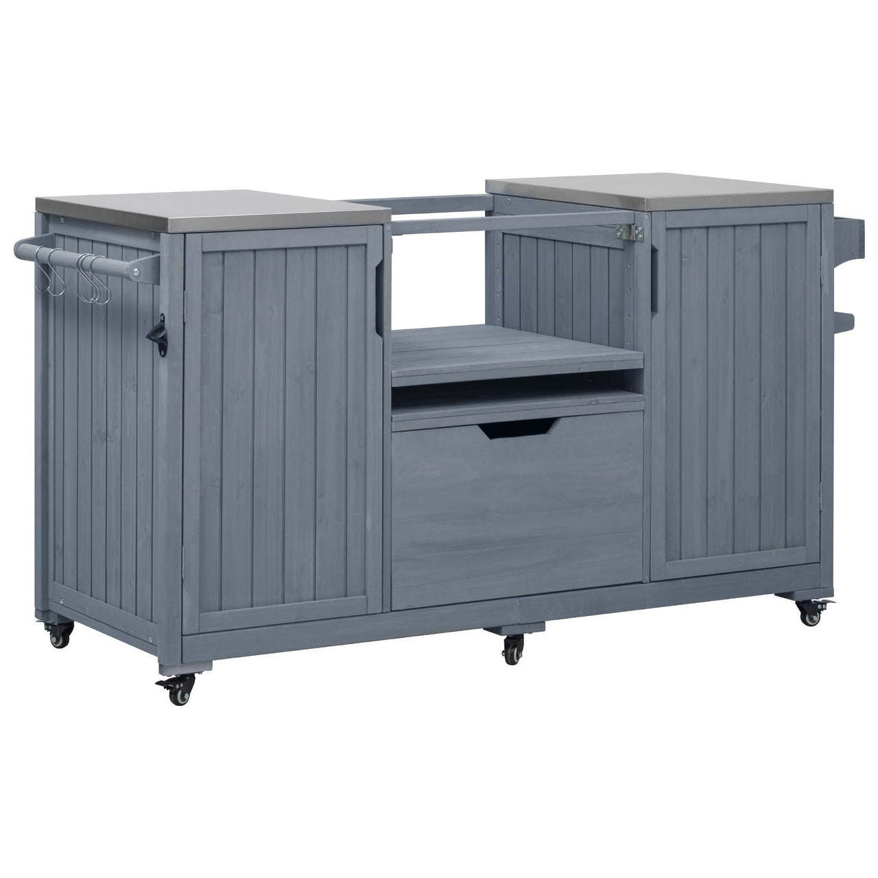 K&K 66.5' Outdoor Kitchen Island for Big Green Egg Grills, Solid Wood Outdoor Grill Cart for Tabletop Grill with Stainless Steel Top, Drawer, Compatible with Large Big Green Egg, Kamado Joe- Grey Blue