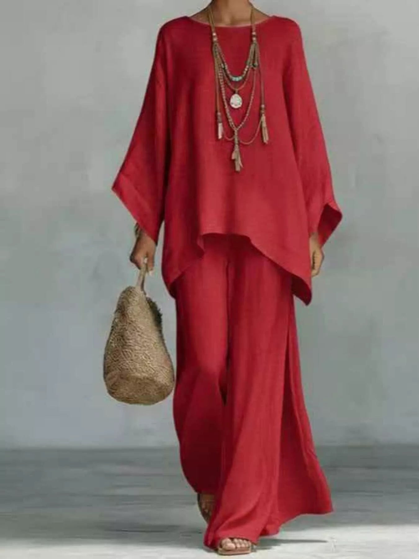 Full Size Round Neck Top and Wide Leg Pants Set Plus Size