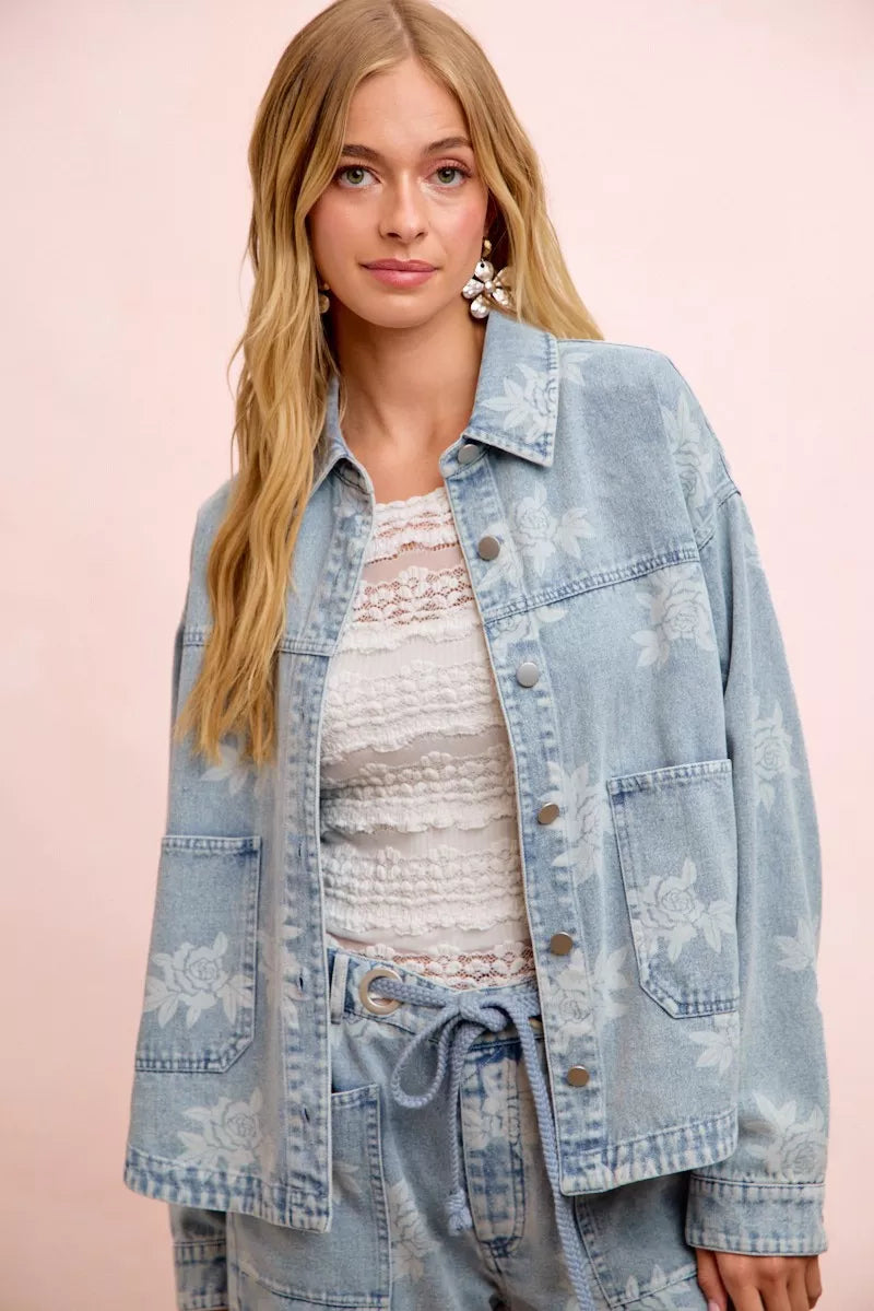 BiBi Printed Washed Denim Jacket With Pocket