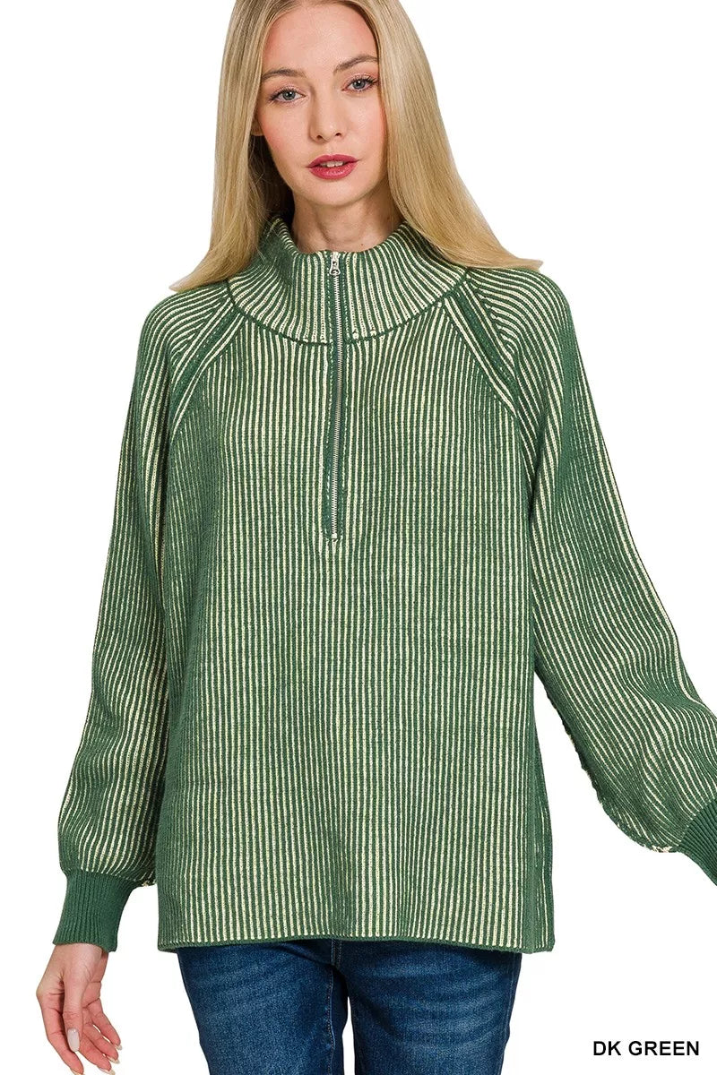 Zenana Ribbed Two Tone Half Zip Sweater