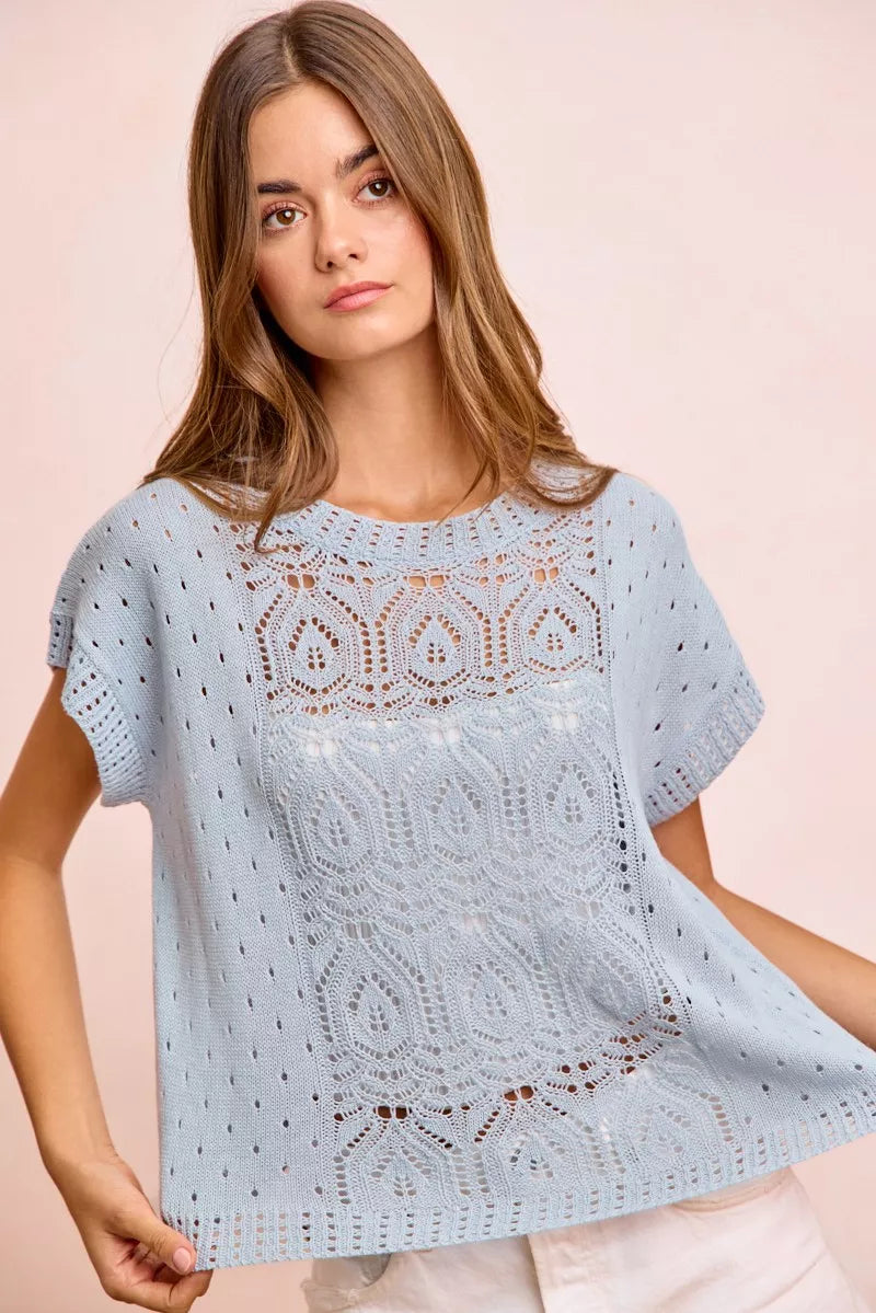 BiBi Washed Eyelet Short Sleeve Breathable Knit Top